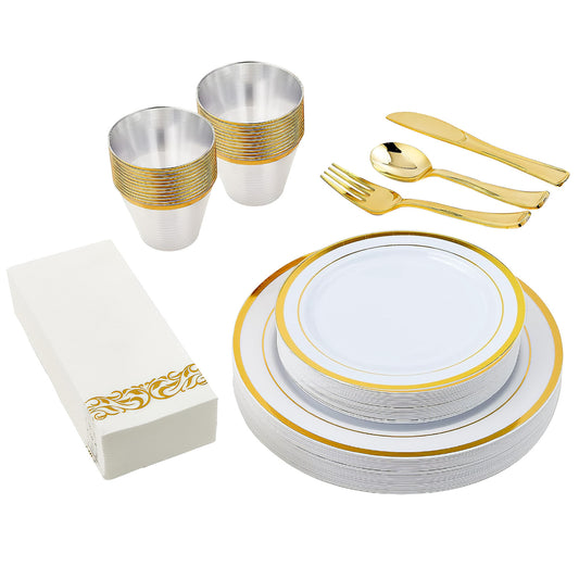 Set Of 175Pcs Disposable Gold Dinnerware Set Gold Rim Plastic Plates Cups Fork Spoon Knife Paper Napkins For Party Wedding Graduation