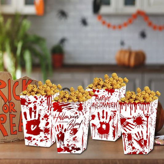 12Pcs Halloween Popcorn Box 3 Style Trick Or Treating Snack Treat Box Bloodstain Ghost Castle Bat Pattern Candy Cookie Container For Halloween Party Supplies