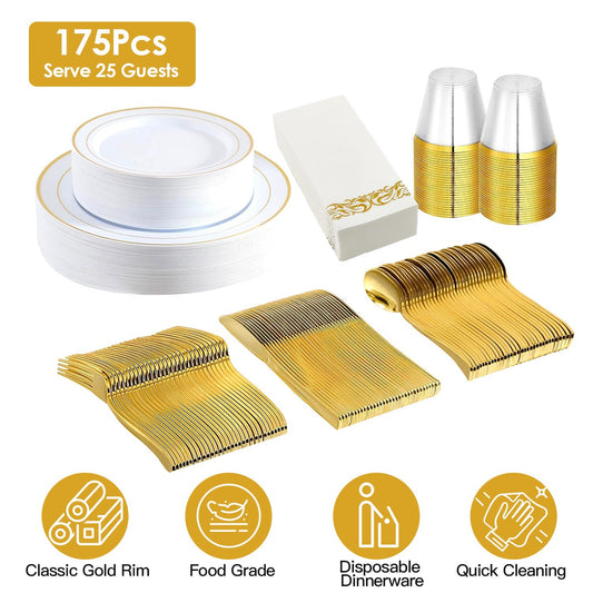 Set Of 175Pcs Disposable Gold Dinnerware Set Gold Rim Plastic Plates Cups Fork Spoon Knife Paper Napkins For Party Wedding Graduation
